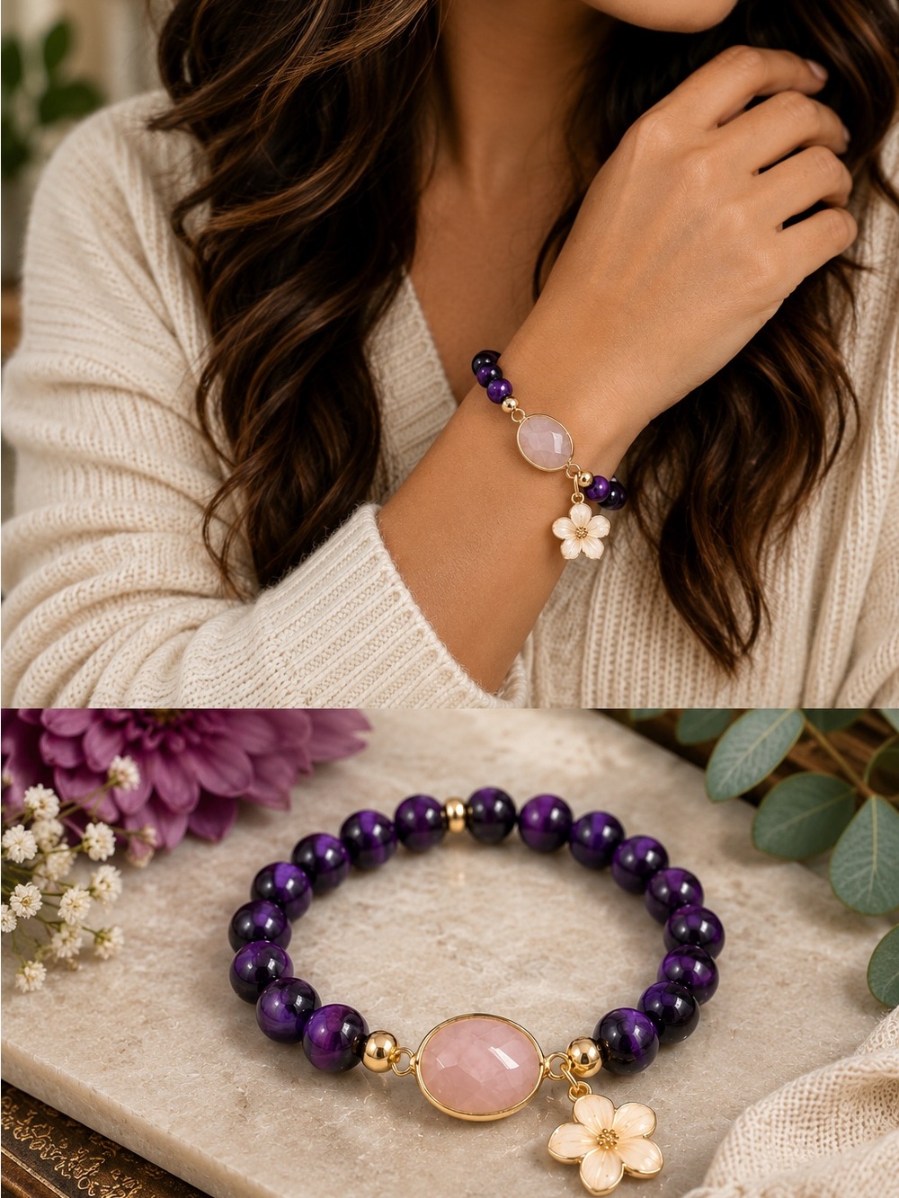 Hand Crafted Purple Tiger Eye Beaded Bracelet with Pink Stone & Flower Charm